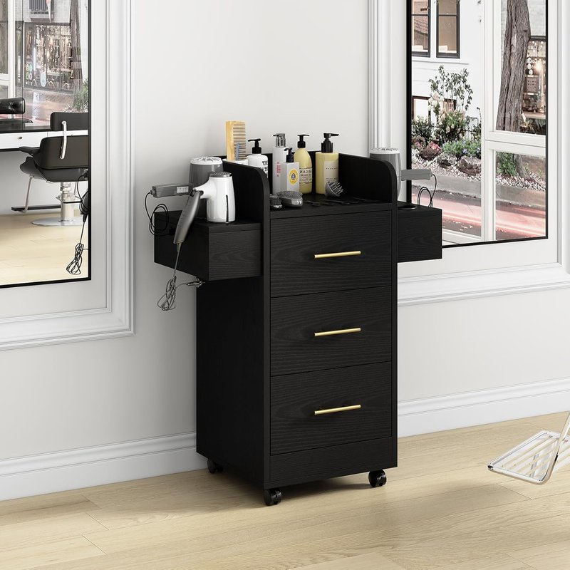 4ever2buy Rolling Salon Station - Hair Stylist Trolley Cart with Wheels, 6 Dryer Holders & 3 Drawers | Black & Gold