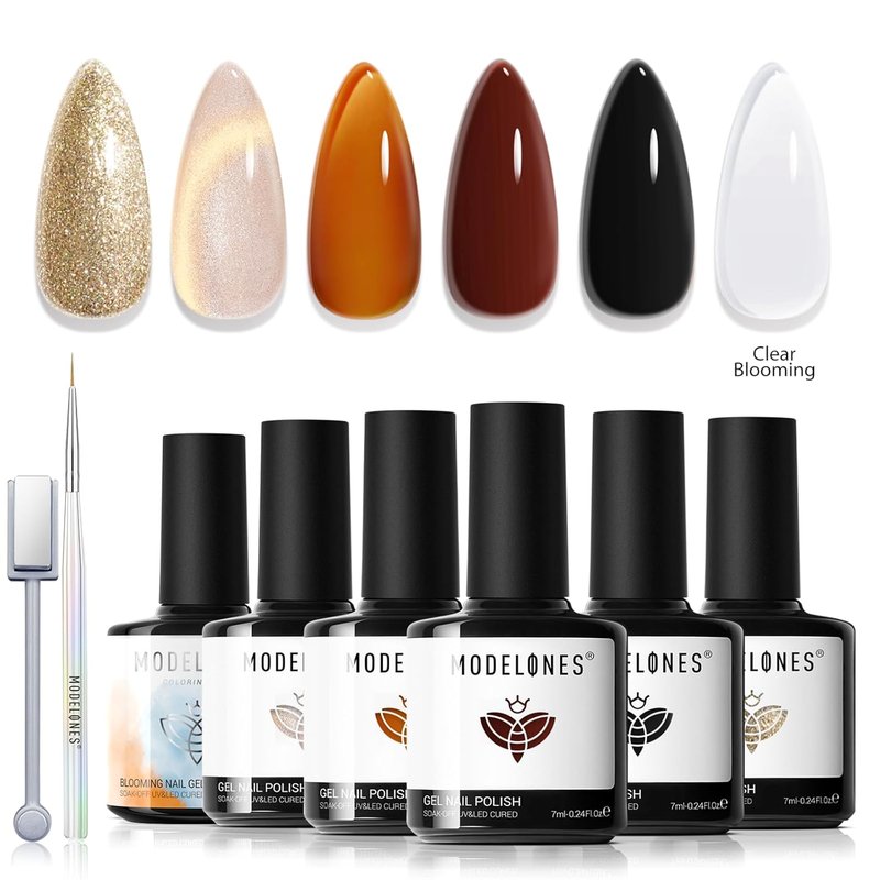 Modelones Gel Nail Polish Set - 6 Colors with Clear Blooming, Glitter & Cat Eye Effects | LED Mani Kit