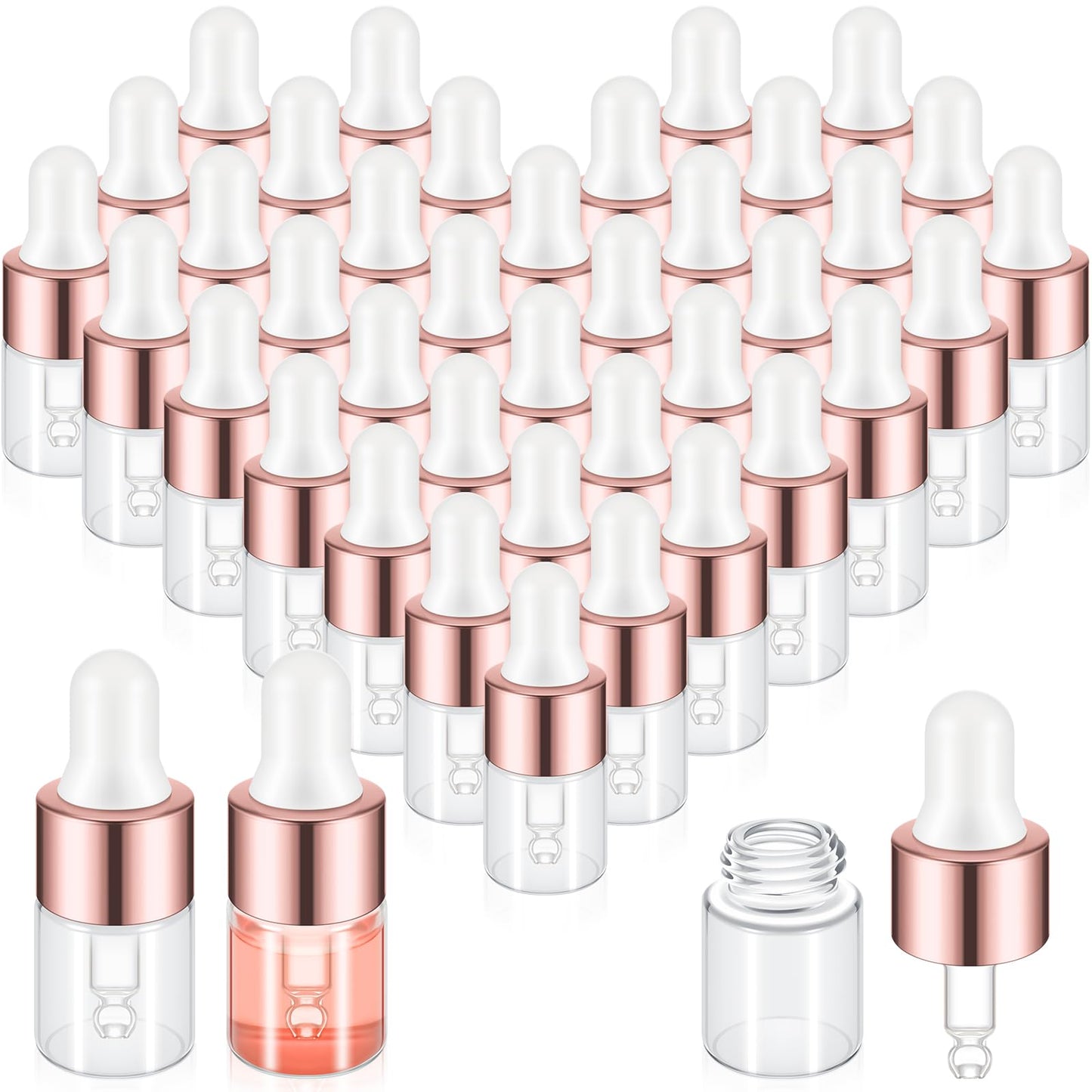 Didaey 100 Pcs 2 ml Mini Glass Oil Dropper Bottle Bulk, Clear Essential Small Empty Bottles Sample Containers Perfume Liquid Vials with Cap for Traveling(2 ml, Rose Gold)