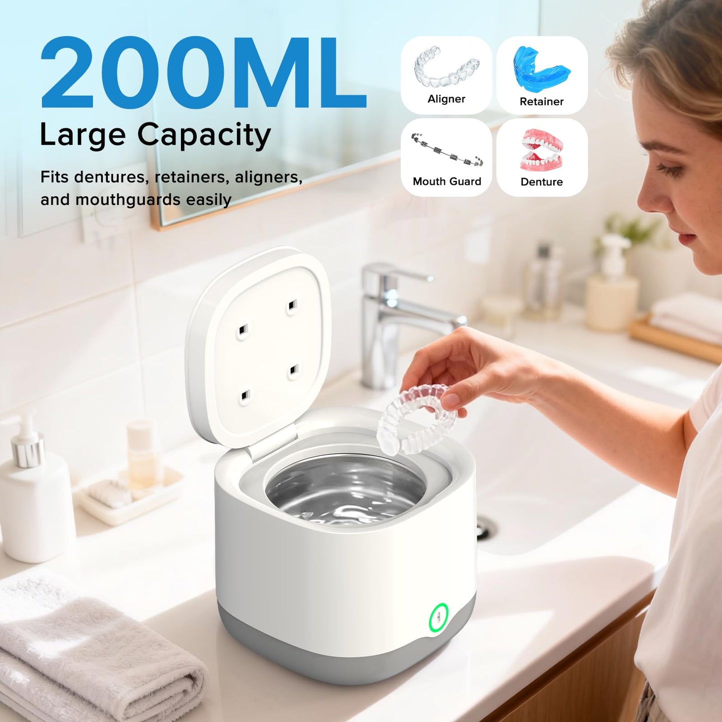 Ultrasonic Retainer Cleaner with UV-C, 45kHz Rechargeable Dental Cleaning Machine 4000mAh, 200ML for Denture, Mouth Guard, Night Guard, Aligner, 3 Modes & 6 Cleaning Tablets