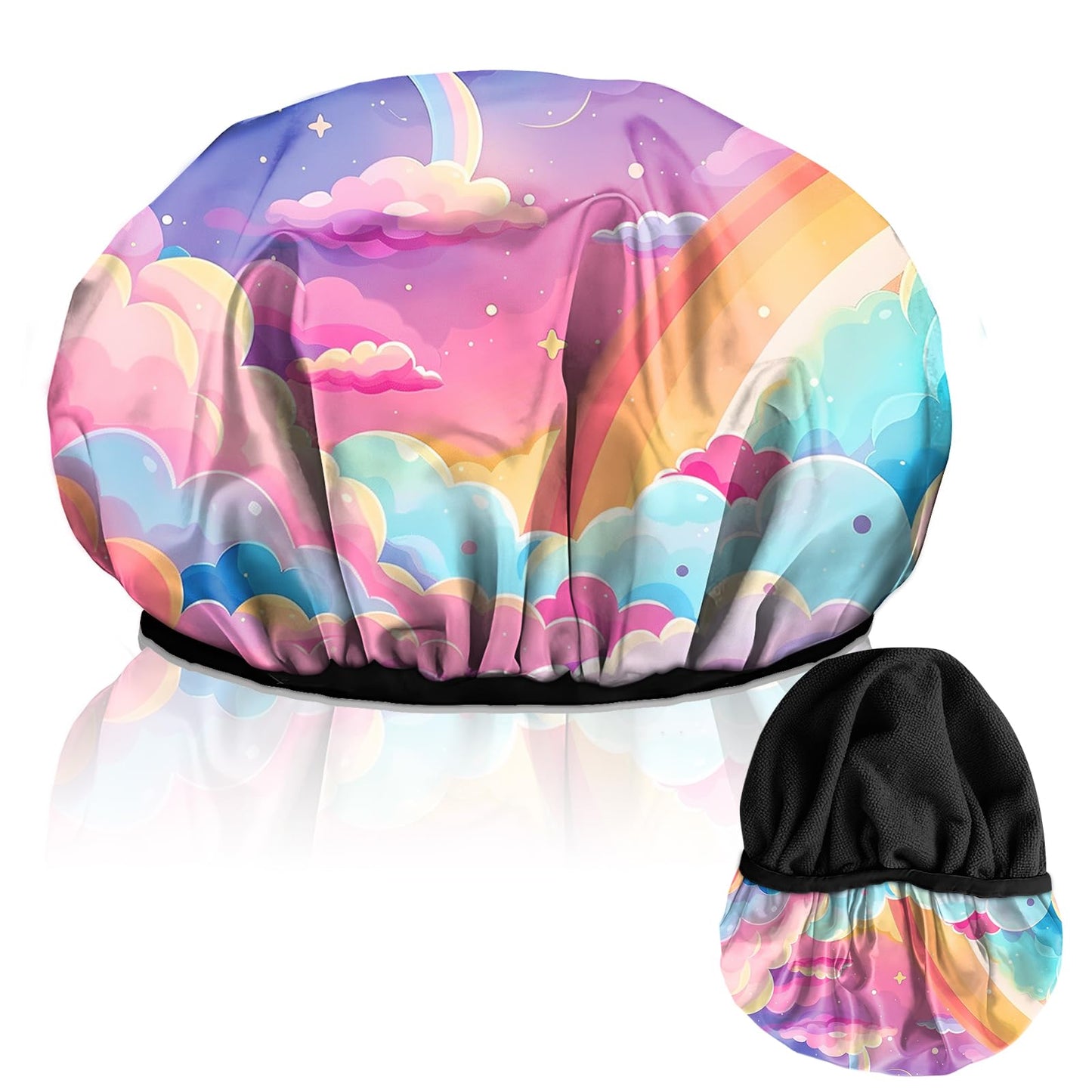 Cabreche Luxury Shower Cap Terry Lined Reusable Triple Layer Waterproof Hair Elastic Caps Shower Bath Hat for Women Girls Cute Aesthetic-Pink Cloud