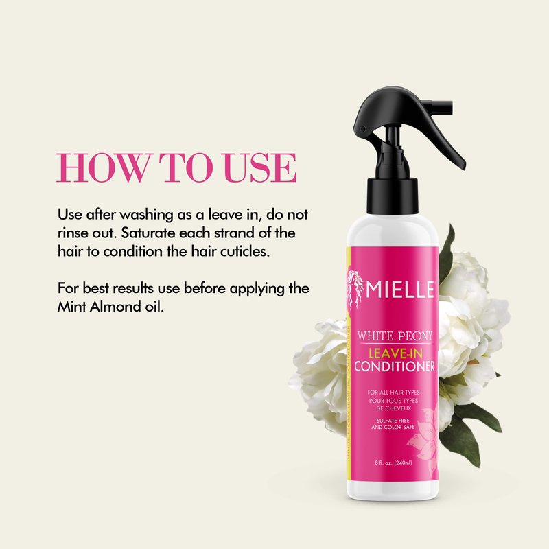 Mielle Organics White Peony Leave-In Conditioner Spray - Ultra-Moisturizing Detangler for Curly & Natural Hair - Frizz Control & Moisture Seal - Color-Safe & Sulfate-Free, 8 Fl Oz