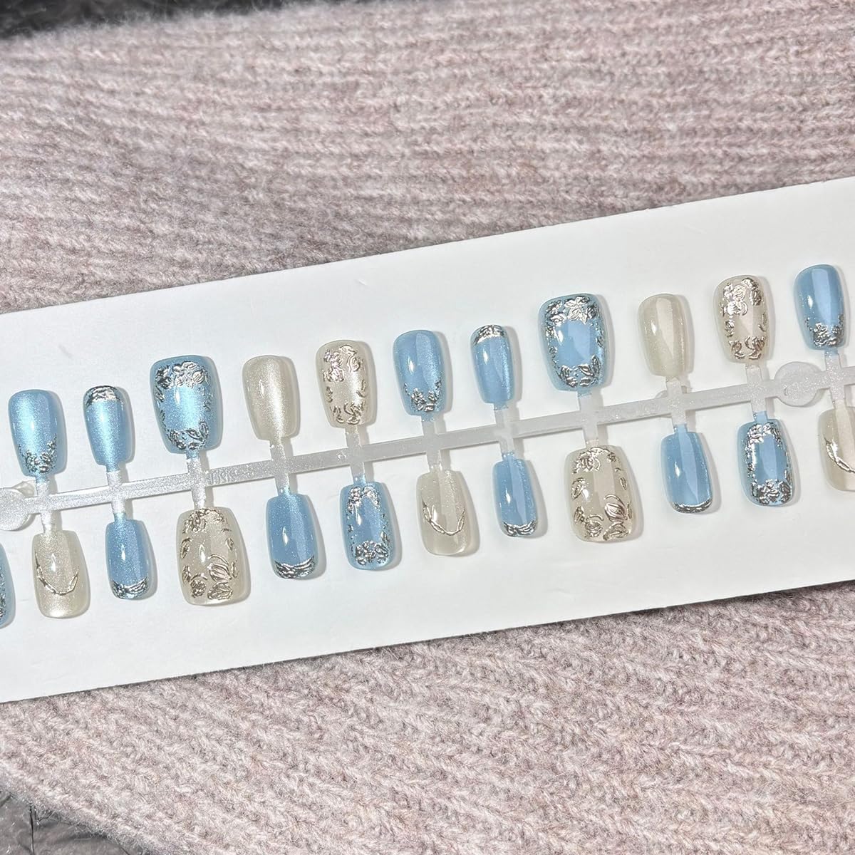 Square Press-On Nails - Short 3D Floral Glitter Design | Glossy Blue French Full Cover - 30 Pcs