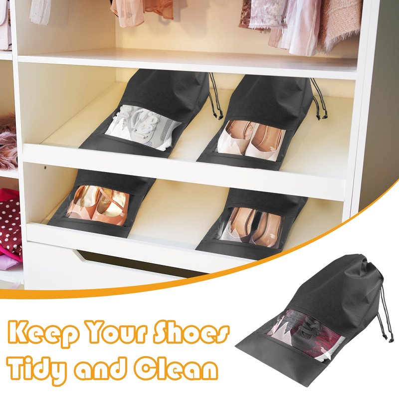 Large Black Travel Shoe Bags - 5 Pcs with Clear Window, Non-Woven Drawstring, 12.6" X 17.3" for Men Women
