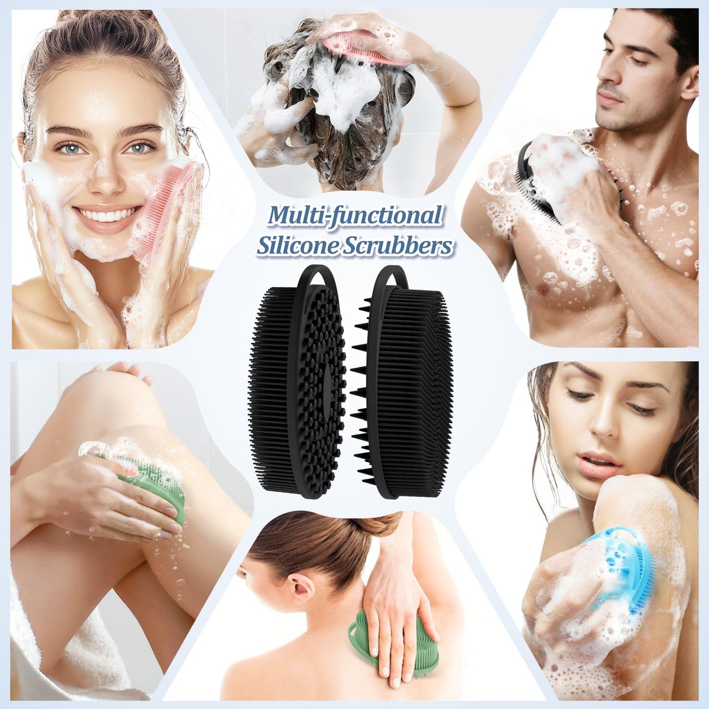 GEENOA Soft Silicone Body Scrubber 2PCS, 2-in-1 Bath & Shampoo Brush with Dual-Side Usage, Hygienic Silicone Loofah Shower Scrubber for Gentle Exfoliating & Good Lathering(Blackx2)
