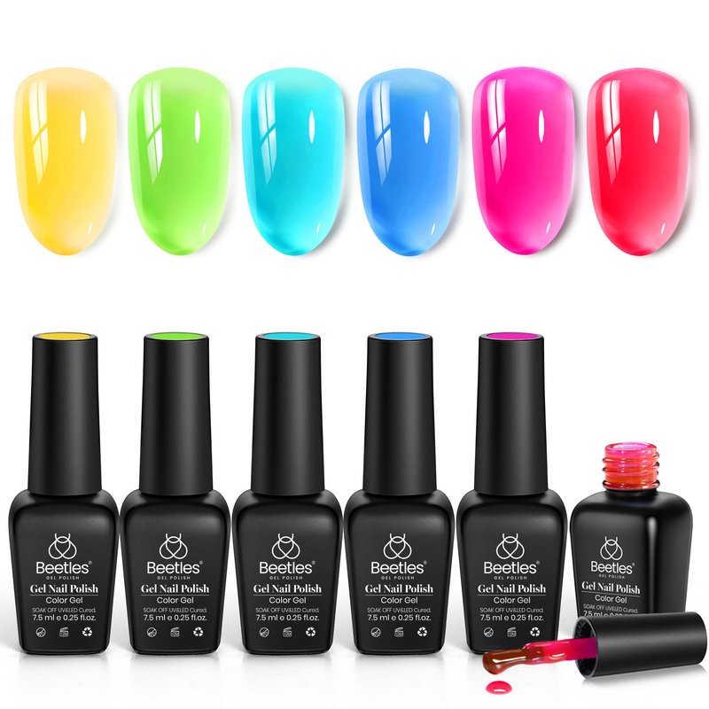 Beetles Neon Gel Nail Polish Set - 6 Colors Summer Jelly Gel Nail Polish Kit Hot Pink Red Blue Yellow Green Sheer Transparent Effect French Nail Art Tropical Glow Series Manicure Gift for Women