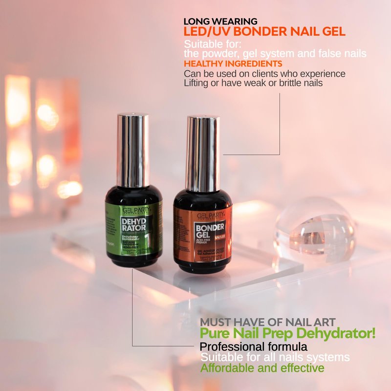 GELPARTY Nail Prep Kit 2x15ml – HEMA-Free Dehydrator & Acid-Free Primer Set for Acrylic, Gel, UV/LED & Press-On Nails – Strong Adhesion, No Burn, Fast-Dry Bonding Agent for Professional & DIY Use