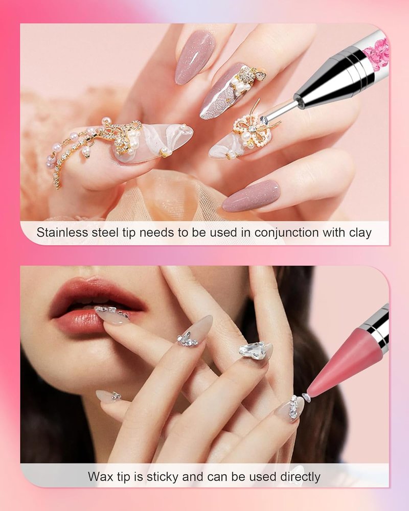 Rhinestone Picker Tool - Dual-Ended Applicator with 4 Replaceable Wax Tips & Tweezers | Pink Nail Art Accessory
