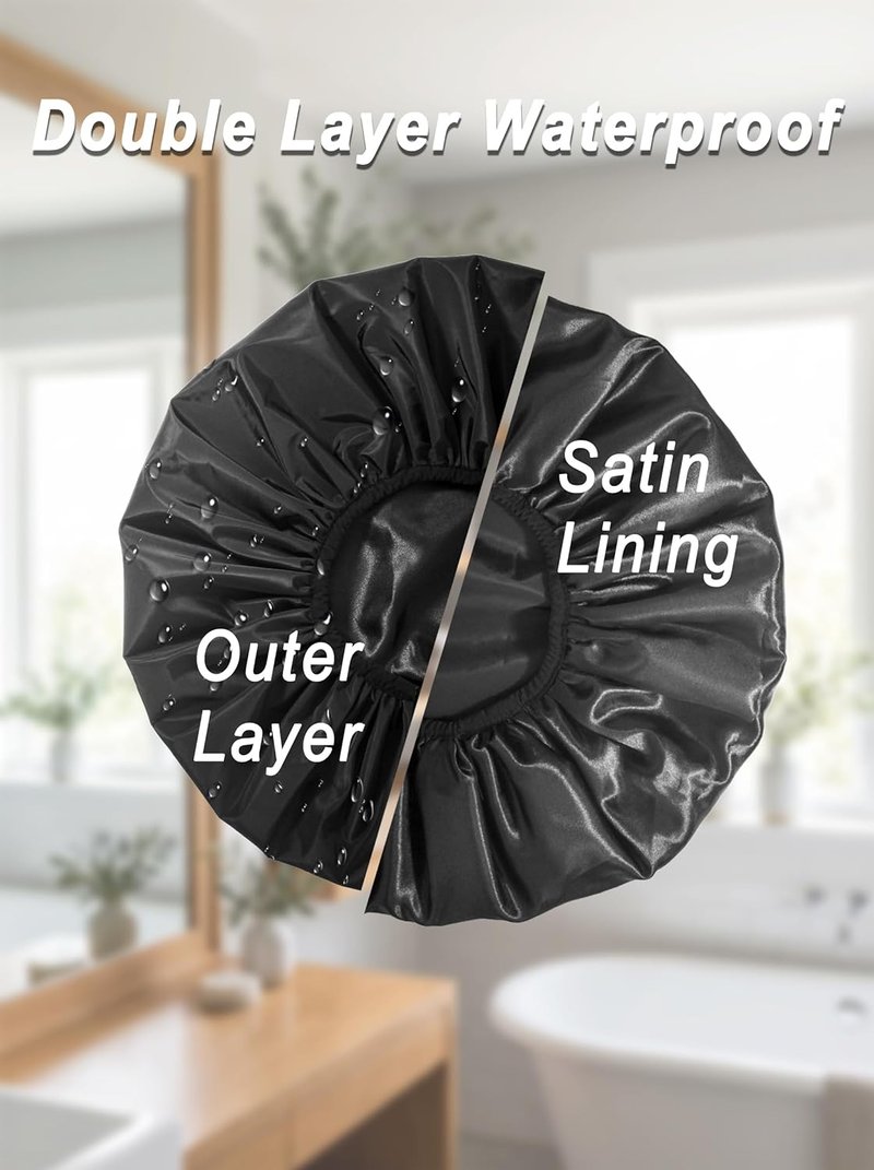 Auban Extra Large Shower Cap - Double-Layer Waterproof Bonnet for Thick, Long Hair | Black Satin Lining