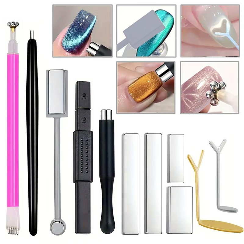 DAIXIANGER 11PCS Cat Eye Nail Magnet Tool Set - Double-Head Magnet Sticks, Heart Shaped Magnets for Cat Eye Gel Nail Polish, Professional Nail Art DIY Accessories for Home Manicure