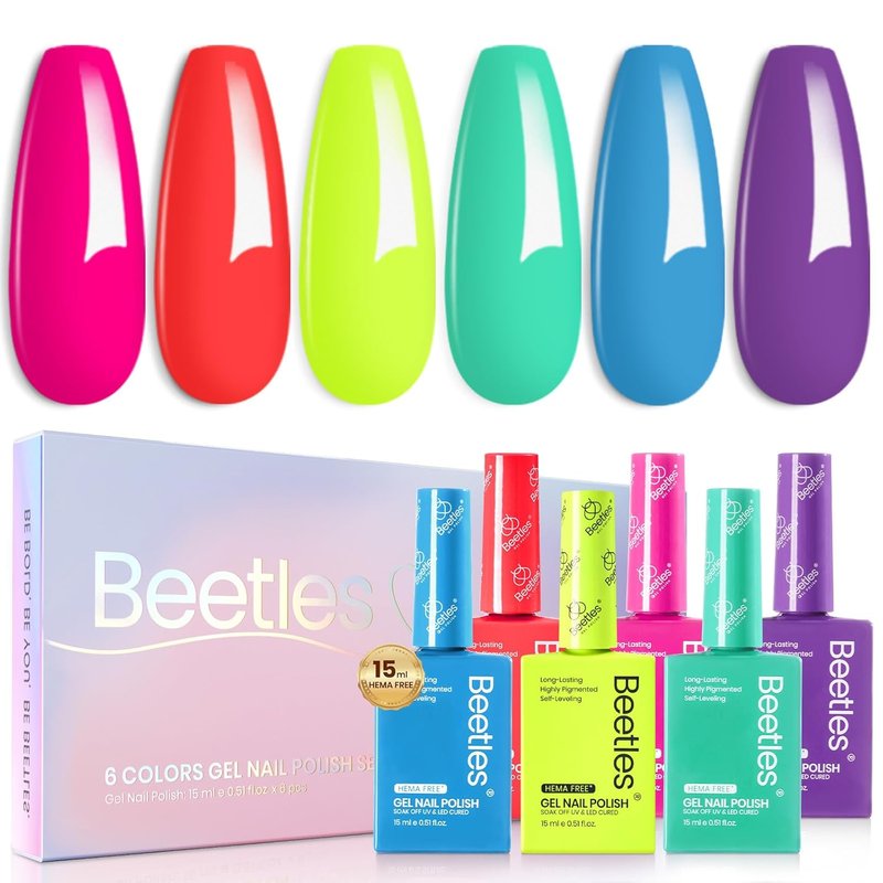 Beetles Neon Gel Nail Polish - Neon Bubbles, Hema Free 6 Colors Summer Gel Nail Polish Set Full Size Hot Pink Orange Yellow Blue Purple Green Soak Off UV LED DIY Bright Rainbow Summer Nails Salon