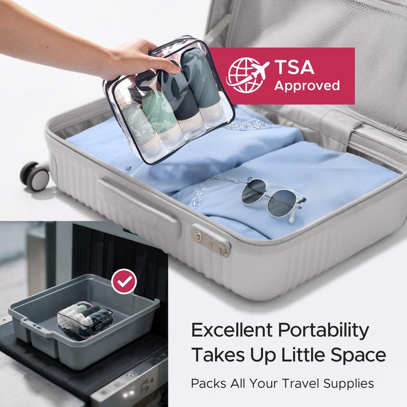 LitBear 23 Pack TSA Approved Travel Bottles for Toiletries, Leak Proof Refillable Travel Size Containers Kit with Silicone Squeezable Bottles Jars for Shampoo Lotion Conditioner, in Clear Bag, Gray