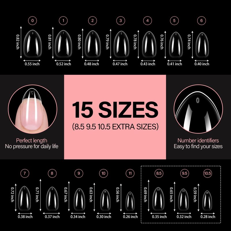 AILLSA Short Almond Nail Tips, 15 Sizes 240PCS Preshaped Soft Clear Gel Nails Tips Full Cover False Nails Tip Short Almond Shaped Tips