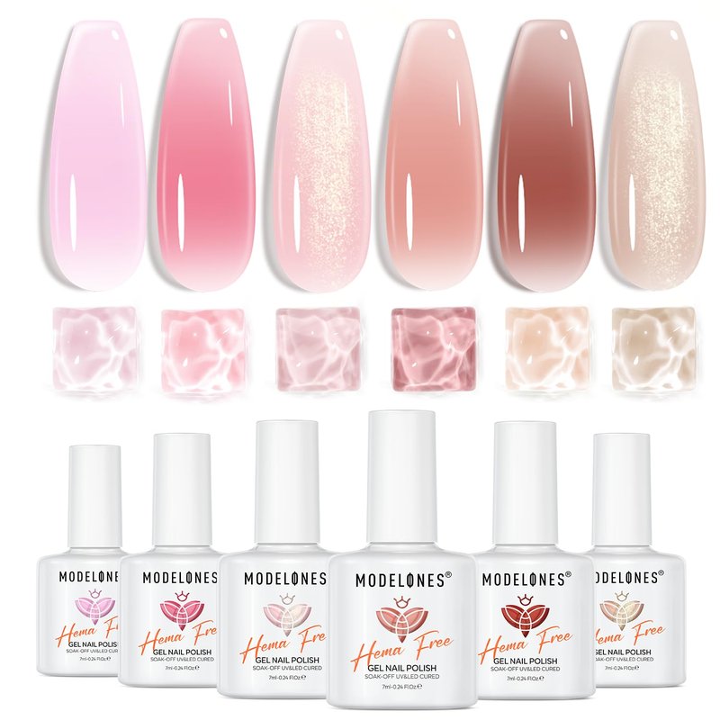 modelones Jelly Gel Nail Polish 6 Colors Hema Free Transparent Jelly Milky Pink Sheer Pink Neutral Nude Gel Polish Nail Soak off Nail Polish French Nail Art Manicure DIY Home Salon Gift Women