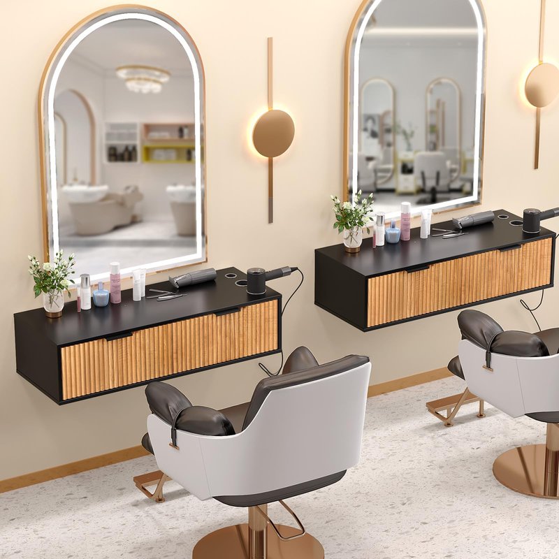 OmySalon Wall Mount Salon Station, Hair Stylist Cabinet with 3 Heat Resistant Dryer Holders, 2 Drawers, Modern Retro Style Barber Storage Station for Salon, Bathroom, Black