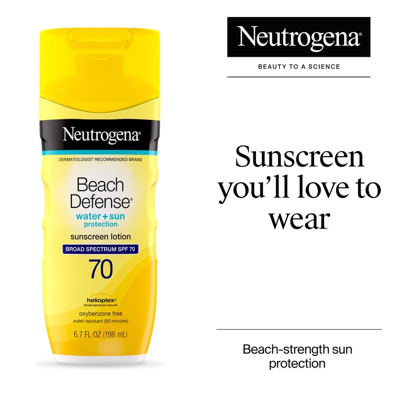 Neutrogena Sunscreen Lotion Beach Defense SPF 70, Face and Body Sunscreen, Hawaii Reef Act 104 Compliant, Octinoxate & Oxybenzone Free, Oil Free, Fast Absorbing Sun Care, 6.7 fl oz, Twin Pack