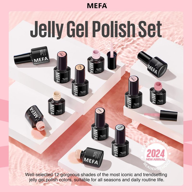 MEFA Jelly Gel Nail Polish Set - 12 Colors Including Valentine's Nude Pink & Milky White | Soak Off DIY Nail Art