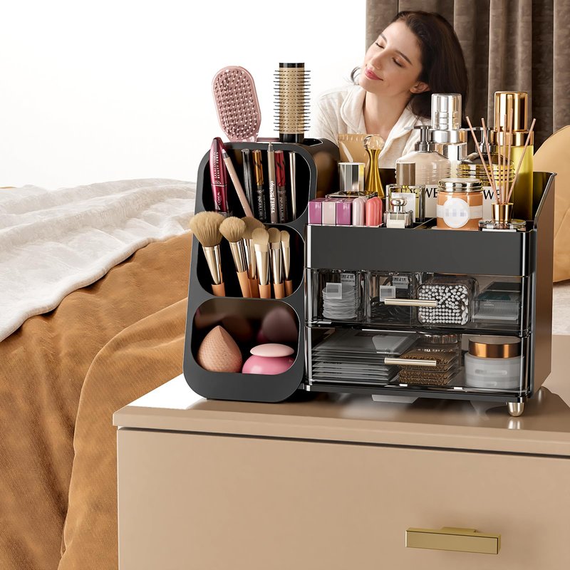 Makeup Organizer with Drawers for Vanity Bathroom Counter Organizers and Storage, Large Skincare Organizer with Brush Toothbrush Holder for Perfume, Nail Polish, Dresser, Office Supplies, Black