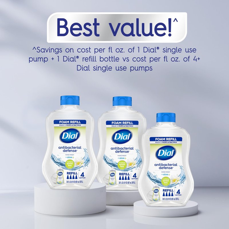 Dial Antibacterial Defense Foaming Hand Soap + Aloe, Soothing White Tea, 30 Fl Oz Hand Soap Refill (Pack of 4), Dermatologist-Tested, Gentle on Skin