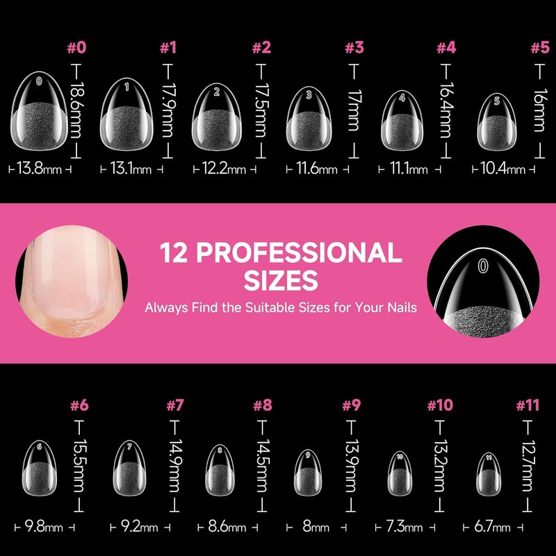 Extra Short Almond Nail Tips - 312pcs Pre-Shaped Half Matte Gel Nails | DIY Home Salon, 12 Sizes Available