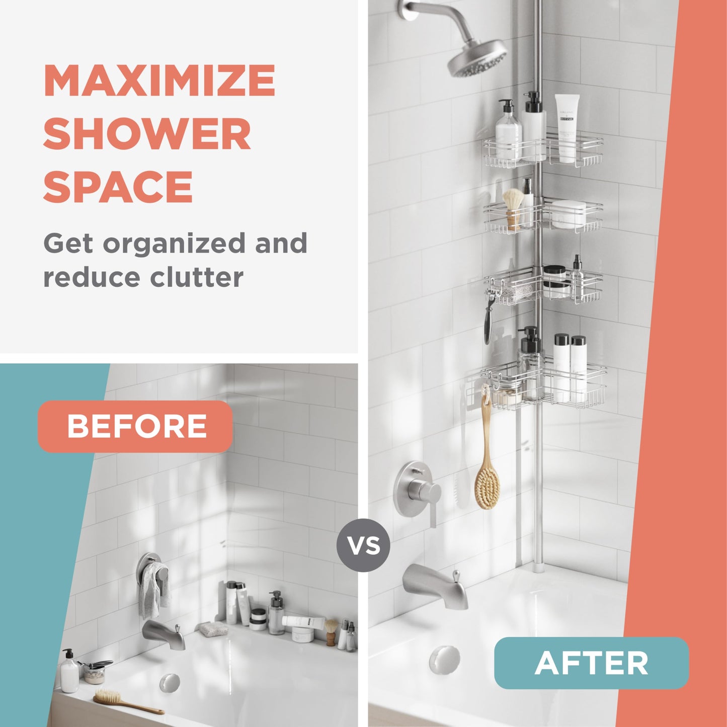 Zenna Home Tension Pole Shower Caddy Corner Organizer, Adjustable Standing Shower Caddy with 4 L-shaped Baskets and Hooks, Rust Resistant Bathroom Tension Rod Organizer, 60 to 97 Inch, Satin Nickel