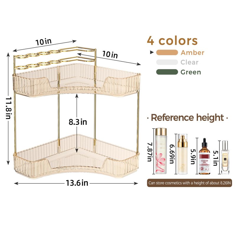 BEFSOP Corner Bathroom Counter Organizer, Upgraded 2-Tier Makeup Organizer Countertop with Makeup Brush Holder, Skincare Exquisite Vanity Organizers Countertop Bathroom Storage Dresser(GOLD)