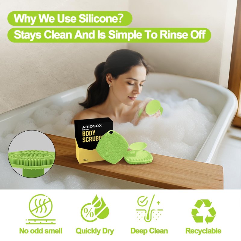 ARIOSOX Silicone Body Scrubber, Bath Brush,Gentle Texture Exfoliating Body Scrubber for Men and Women On Sensitive Skin, Soft Scrubber Builds Up Lather, Deep Skin Clean (Green)