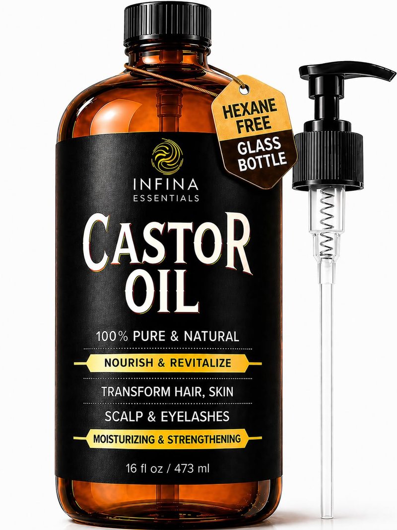INFINA ESSENTIALS Pure Cold Pressed Castor Oil - Hexane Free, Glass Bottle for Hair Growth, Face, Scalp, Skin & Eyelashes - Nourishing and Moisturizing - 16 fl oz