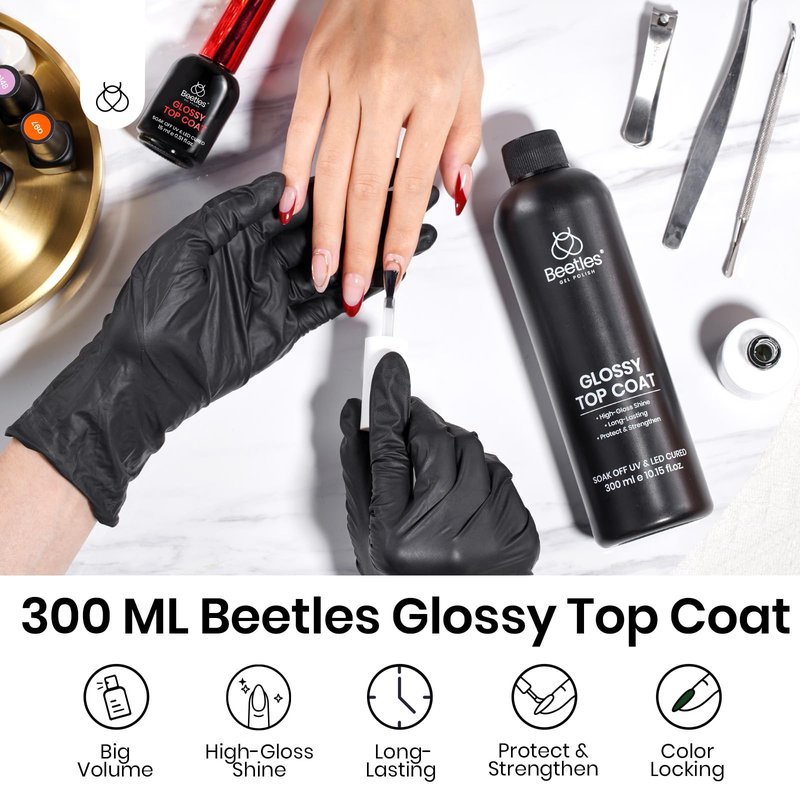 Beetles Extra Glossy Top Coat Bulk 300ml No Wipe Gel Top Coat Refill, Super Large Capacity High Shine Gel Nail Polish Clear Glossy Gel Polish Art Supplies for Techs Manicure Store or Nail Salon Lover