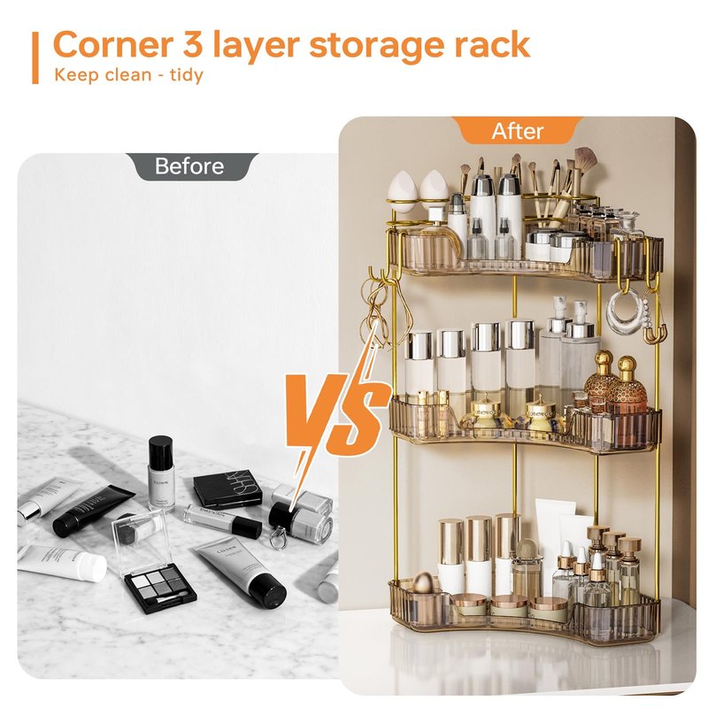 Greenby 3-Tier Corner Bathroom Counter Organizer，Makeup & Skincare Shelf with Built-in Brush Holder，Space-Saving Bathroom Countertop Organizer for Skincare, Perfume, Cosmetics(Amber)