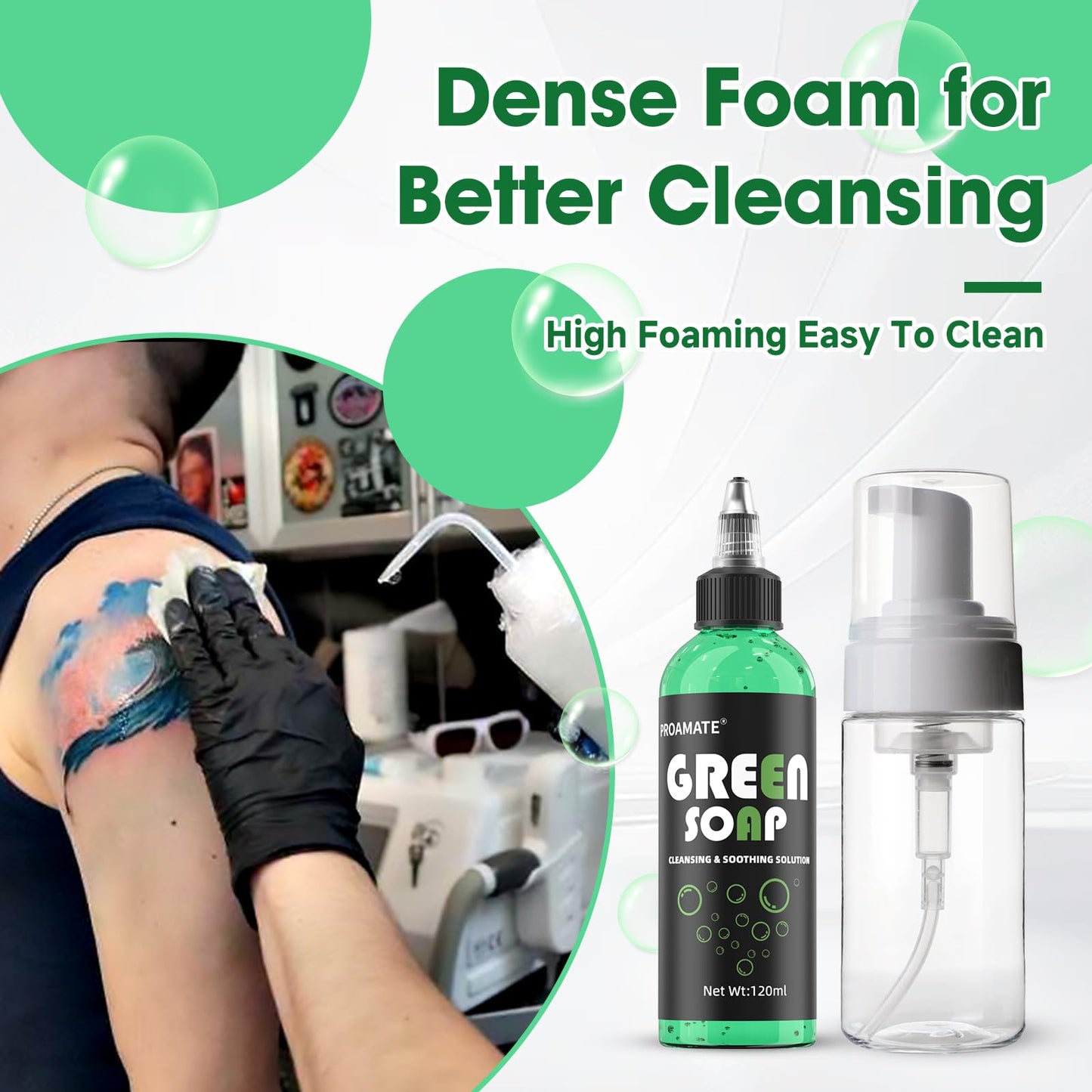 proamate Green Tattoo Soap 4OZ with Foaming Bottle 120ml, Tattoo Soap Tattoo Supplies for Tattoos Piercings, Clean Skin Equipment