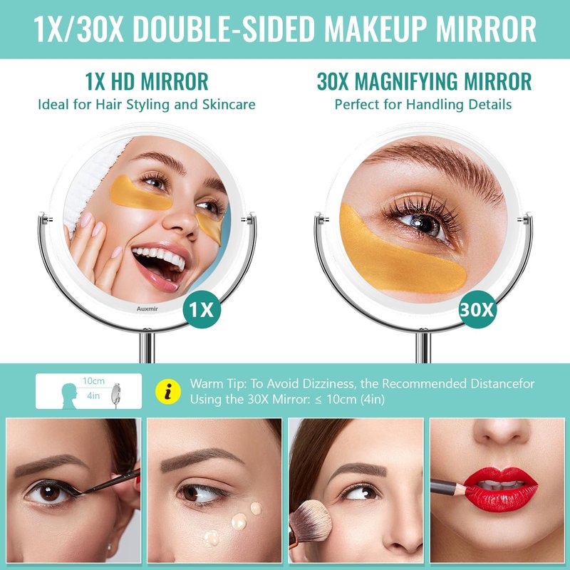 Auxmir 1X/ 30X Magnifying Mirror, Makeup Mirror with Tweezer, Double Sided Round Vanity Tabletop Mirror, 360° Rotation Portable for Dressing Table Desk Bathroom Bedroom Travel, Clear