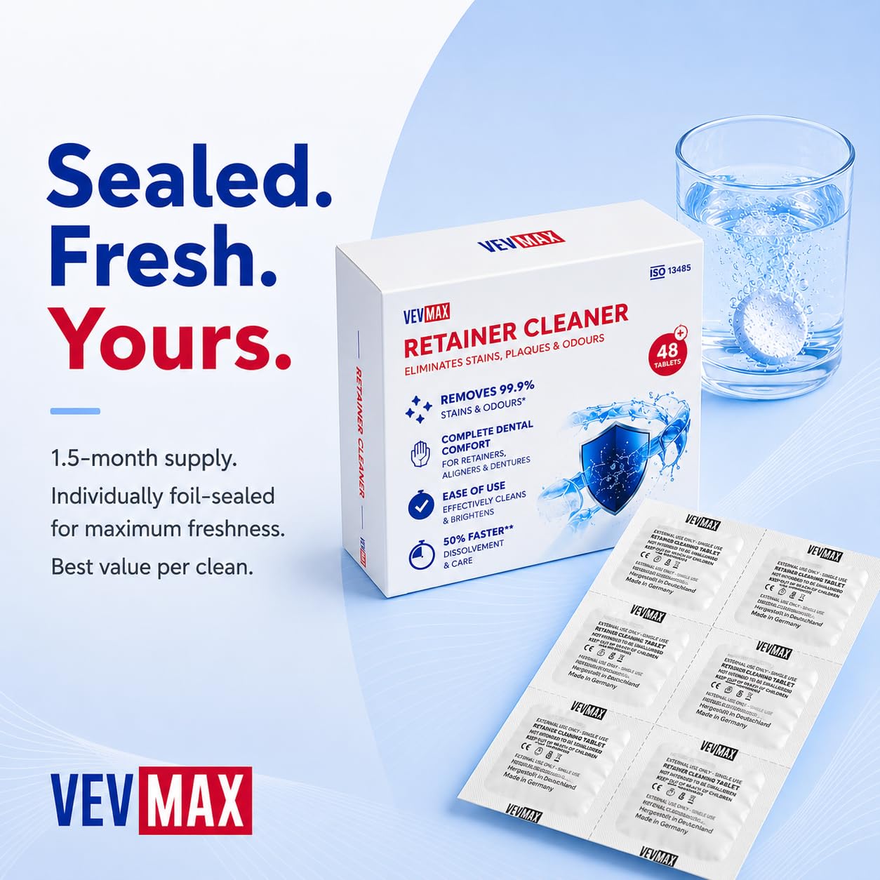 Vevmax Retainer Cleaner Tablets - 48 Tablets (1.5 Months Supply) - Denture Cleaning, Removes Stains & Odours, Freshens Aligners, Mouthguards, Nightguards - Perfect for Ultrasonic Retainer Cleaner
