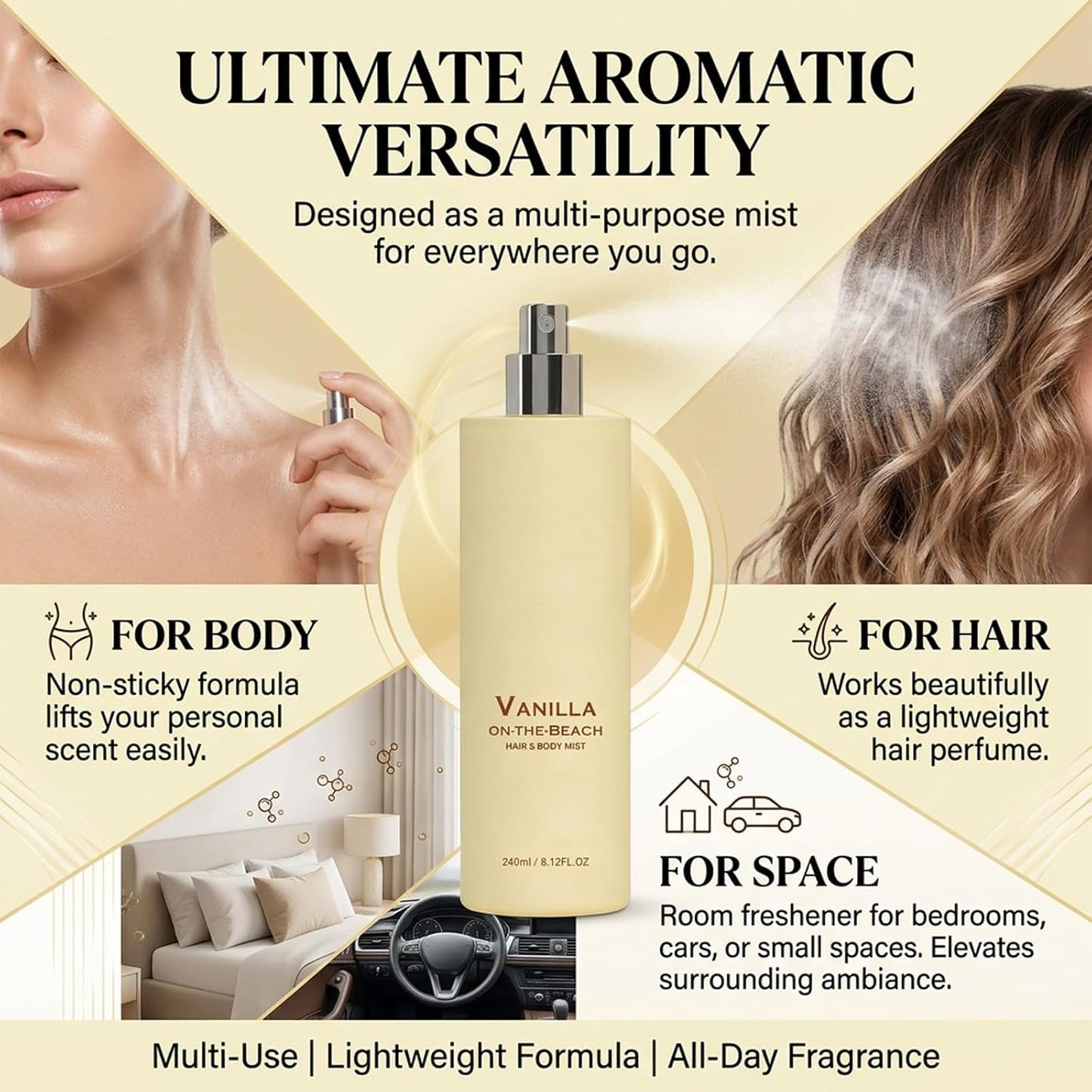 Vanilla on the Beach Hair and Body Mist - Long-Lasting Coconut & Vanilla Fragrance Spray, 8.11 fl oz