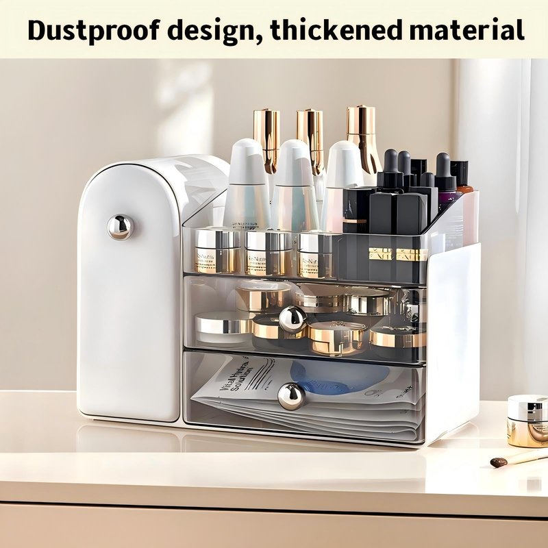 RONGZHIERK Makeup Organizer for Vanity with Covered Brush Holder，Bathroom Organizers with Drawer，Skin Care Organizer，Makeup Organizers for Vanity with Drawer，Large Makeup Storage for Dresser, White
