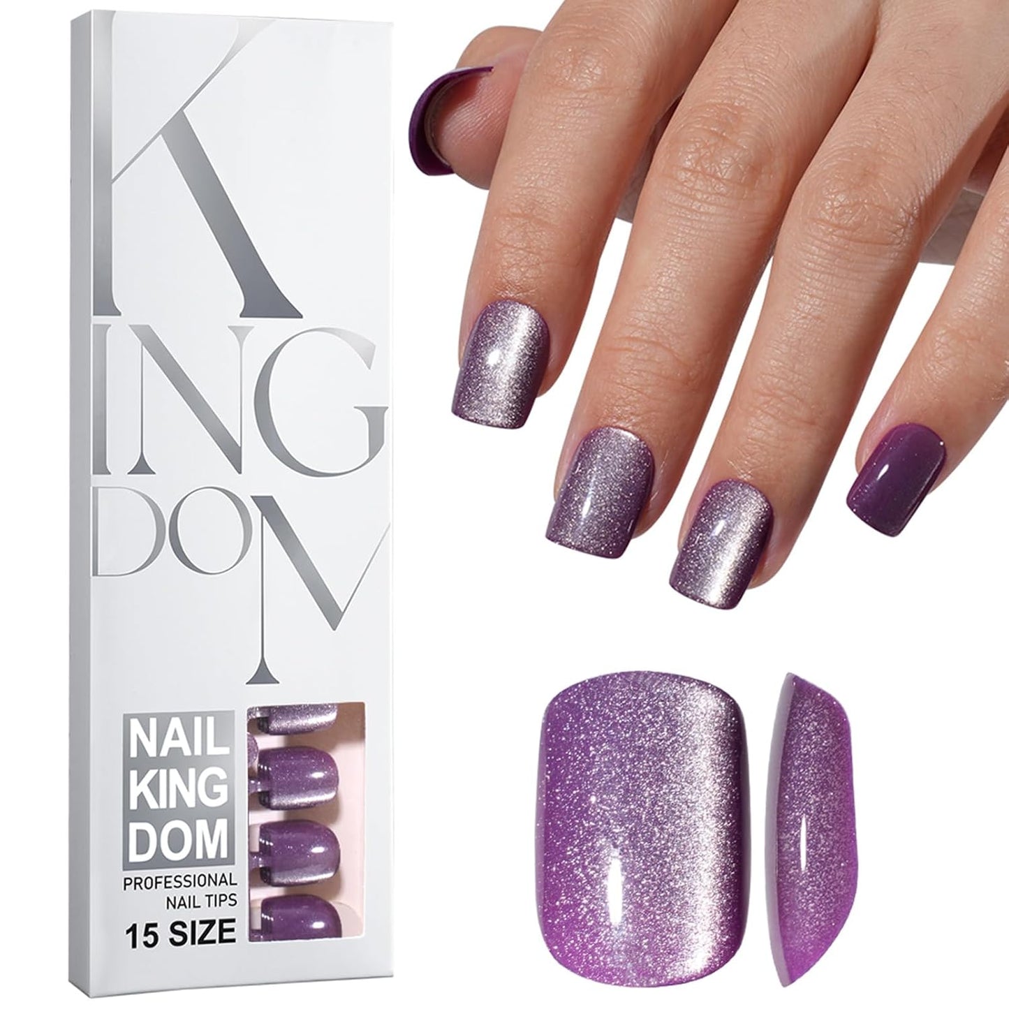 TOGZOM Press On Nails - 120 Pcs Short Cat Eye Acrylic Glitter Gel Kit | Reusable Glossy Manicure in 15 Sizes