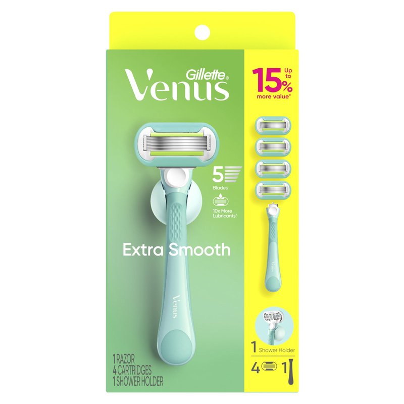Gillette Venus Extra Smooth Razor for Women, Includes 1 Reusable Razor Handle + 4 Refills, 5-Bladed, Ergonomic No-Slip Gel Handle and Shower Holder