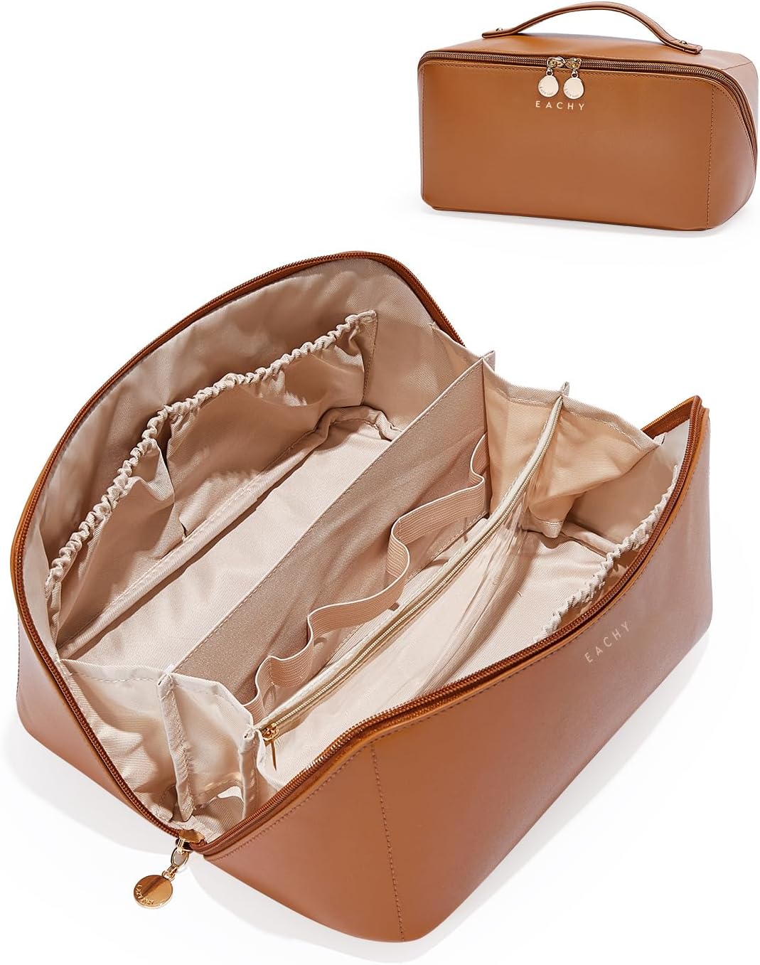 Travel Makeup Bag - Large Capacity Waterproof PU Leather Cosmetic Organizer | Flat Open Design for Skincare & Brushes