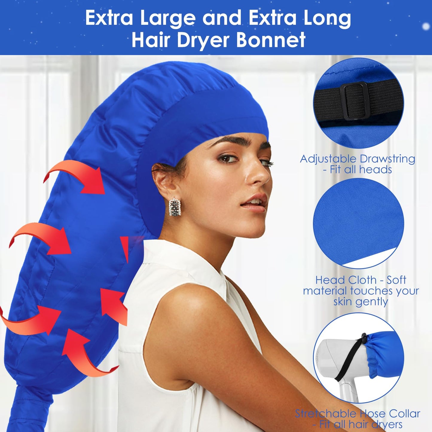 TEPENAR Hair Dryer Bonnet Attachment: Upgraded Extra Large Hooded Dryer Adjustable Hair Dryer Caps - Easy to Use for Natural Curly Textured Hair Care Styling Fast Drying - Blue