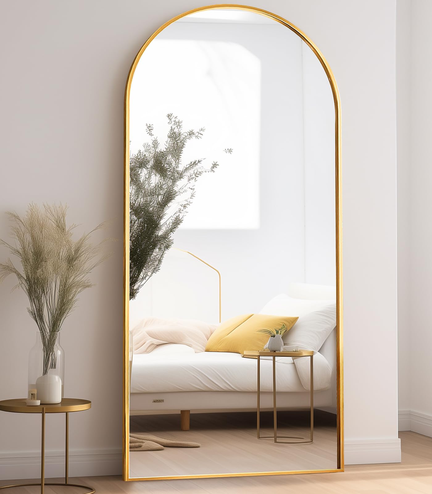 ZMYCZ Floor Length Mirror, 81"x41" Arch Full Length Mirrors Full Length Hanging or Leaning with Stand, Wall Mounted Mirrors, Arched-Top Body Mirror with Aluminum Frame for Bedroom (Gold)