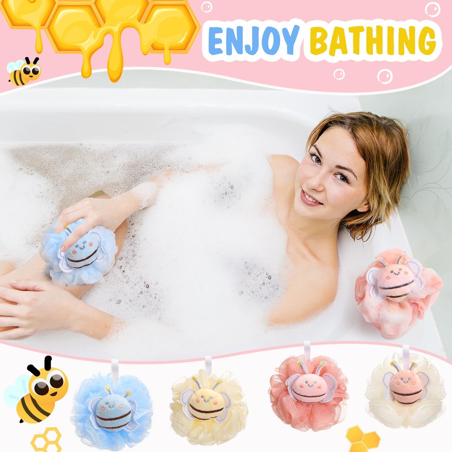 Reallnaive 4 Pcs Bee Bath Loofah Sponge Cartoon Body Scrubber Loofah Soft Mesh Exfoliating Bath Scrubber Shower Ball for Shower Sponge Gifts Exchange Birthday Party
