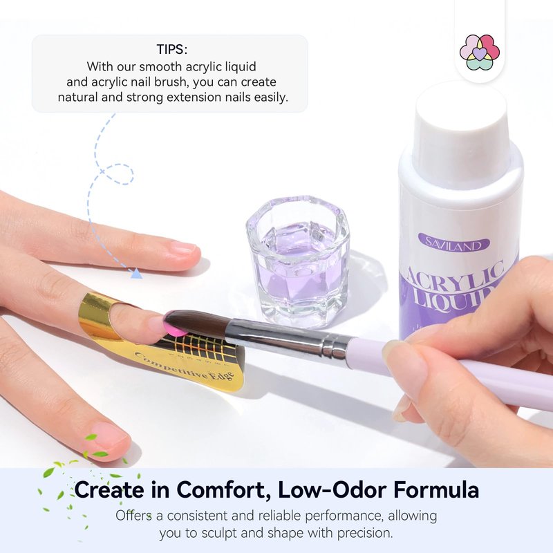 SAVILAND Monomer Acrylic Nail Liquid: 4 oz Non-Yellowing Acrylic Liquid Monomer for Nails with #12 Nail Brush for Beginners DIY at Home Professional Salon Use