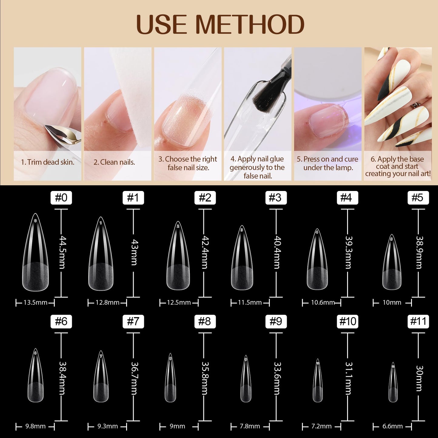 UNA GELLA Stiletto XXL Nail Tips No Need File Extra Long Stiletto Nails Full Cover 120PCS Long Almond Gel Nail Tips Pre-buff Press on Fake Nails for Gel Nail Extension Home DIY Salon 12 Size