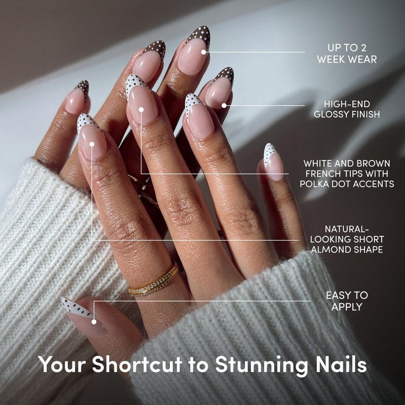 Glamnetic Press On Nails - Short Almond Polka Dot French Tips | Salon Quality Glossy Finish | 30 Nail Kit with Glue in Polka in Positano