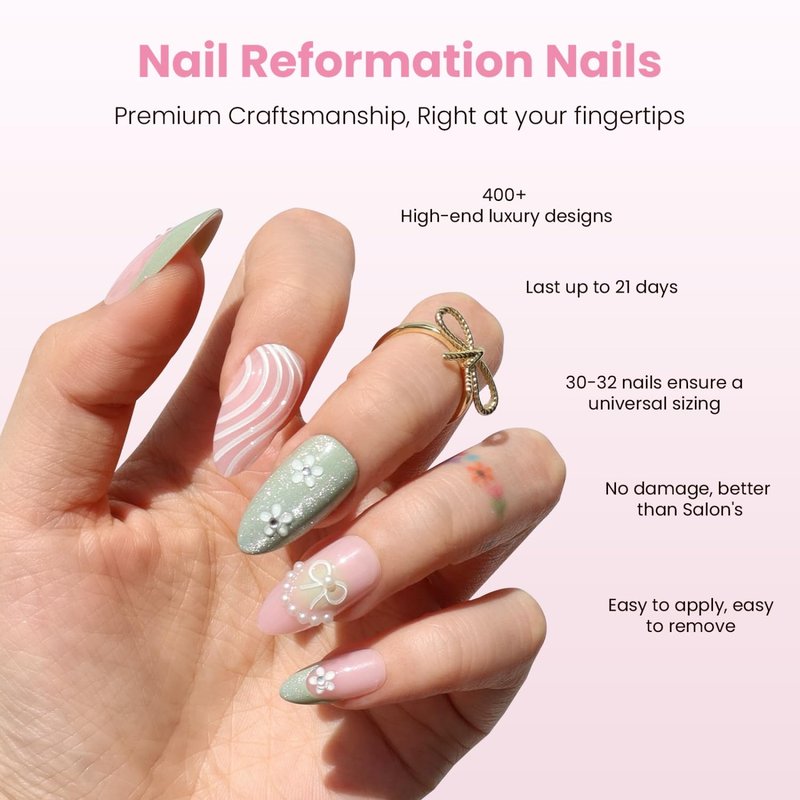 Nail Reformation Press On Nails, Garden of Pearls | Floral French Short Almond Fake Nails on Pink Green Shimmer Base in Glossy Finish, Reusable Stick On Nails in 15 Sizes - 30 Nail Kit for Women Gifts