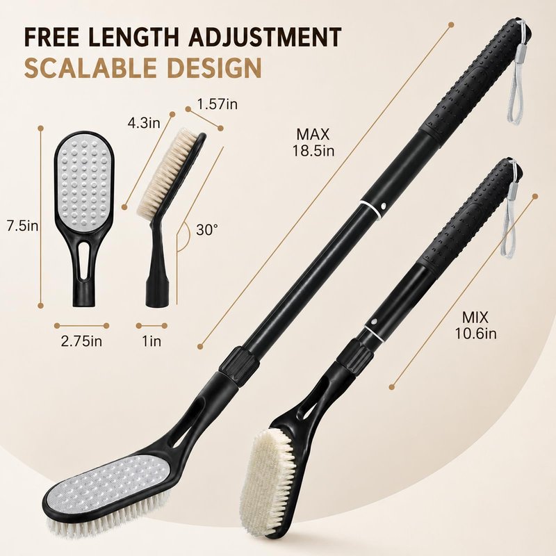 Long Handle Foot Scrubber for Shower, Extendable Foot Brush with Foot File 2 in 1 Dual Sided, Back Saving Foot Cleaner Brush for Cleaning Between Toes & Removing Calluses, Foot Care Tool for Seniors