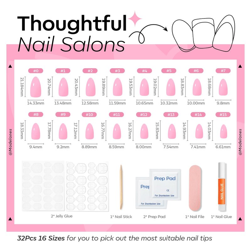 Modelones Pink Press on Nails Almond, Summer Short Almond Fake Nails, Reusable Nail Kit with Nail Glue Adhesive Tabs Mini Nail File, Nails Press Ons 32Pcs 16 Sizes
