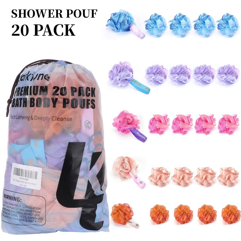 Mini Shower Loofah 20 Pack for Travel Portable Bath Sponge Puff Quick Lather Durable Mesh Gentle Exfoliation for All Ages Small Size Ideal for Home, Gym, or on The Go