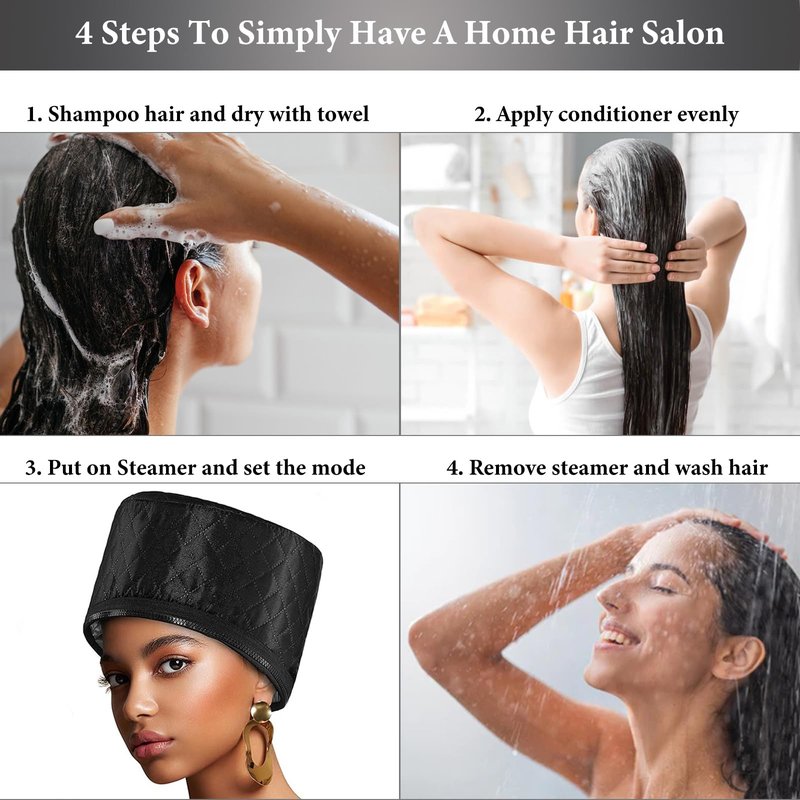 Hair Steamer Heat Cap for Deep Conditioning, Thermal Steam Cap for Natural Hair Home Use with 10 Modes 3 Timer Settings All Black Extended Cord for Spa Hair Care, Black