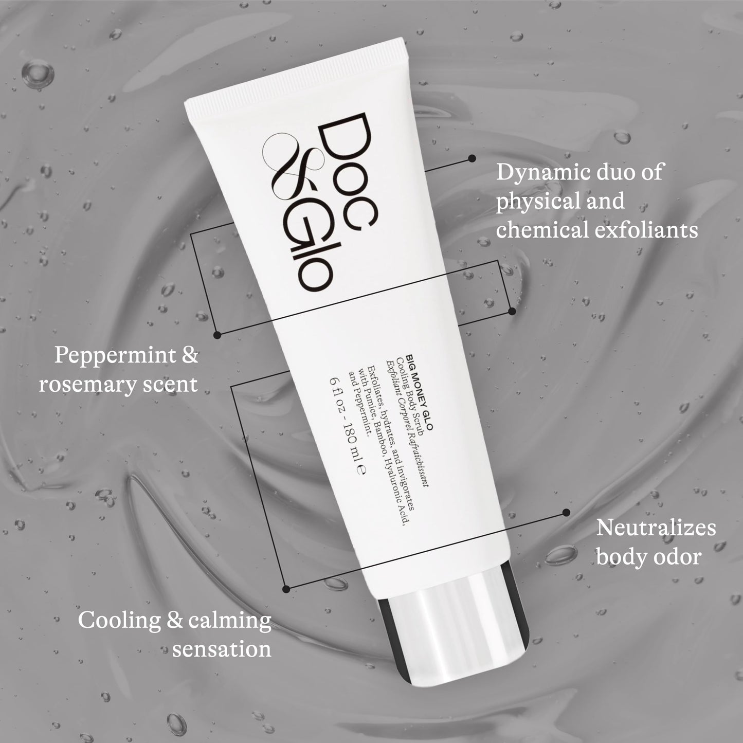 Doc & Glo Big Money Glo Cooling Body Scrub, Exfoliating Body Scrub with Pumice, Bamboo & Hyaluronic Acid, Peppermint Body Scrub for Smooth, Hydrated Skin 6.5 Fl Oz